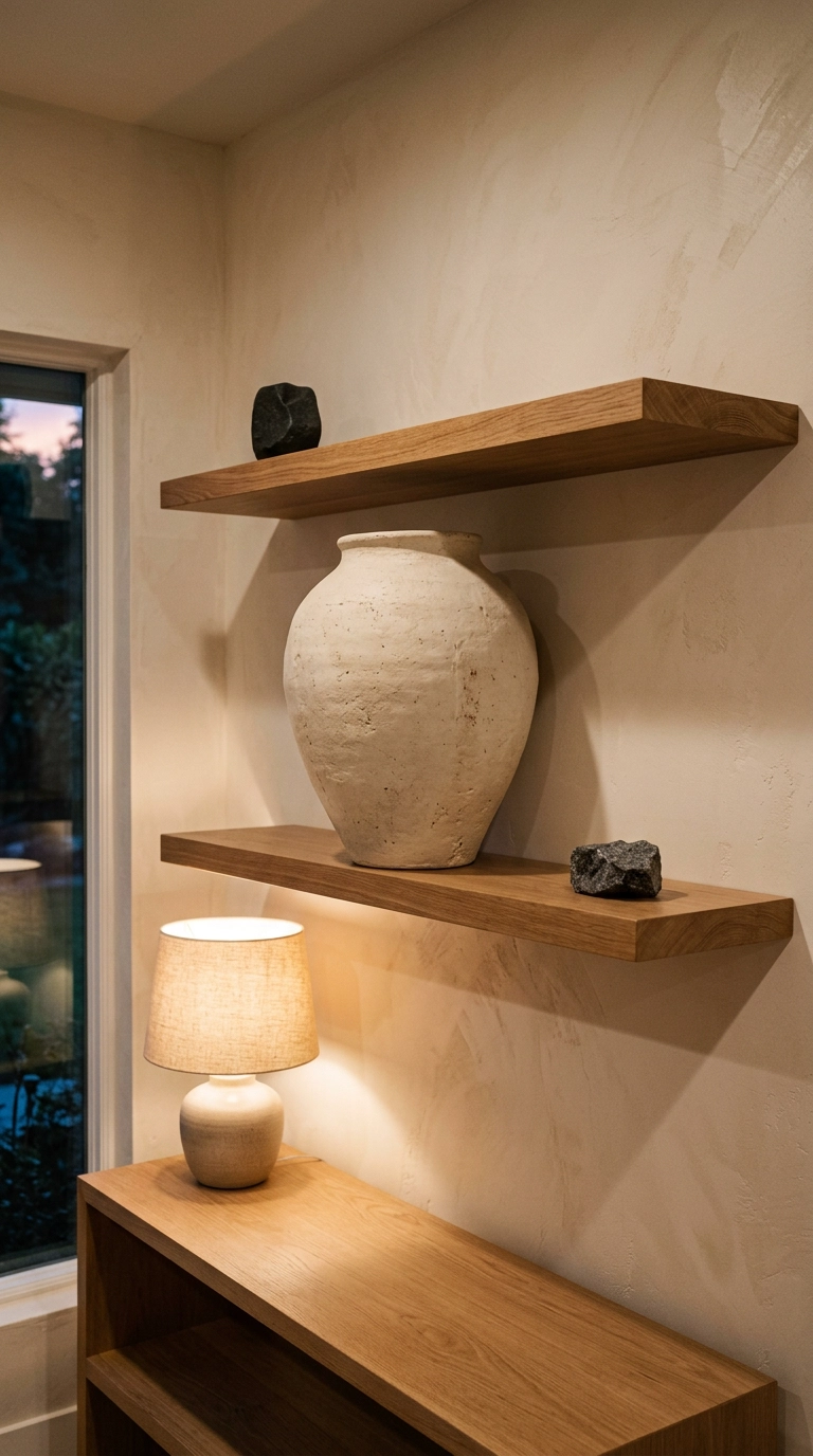 Oversized cream ceramic vessel anchoring an oak office shelf with sparse neighbors