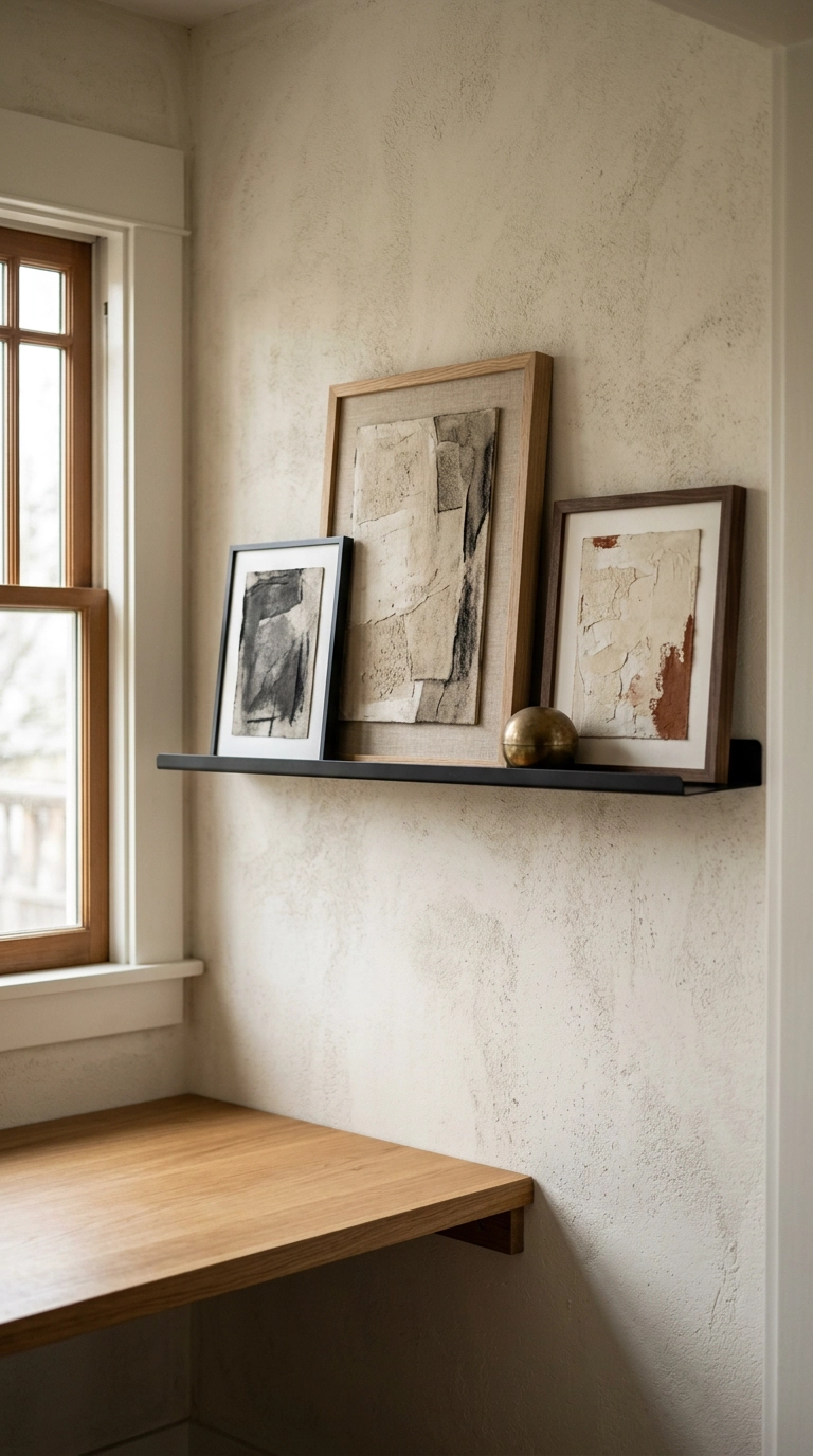 Slim black picture ledge with three leaning abstract artworks in an office nook