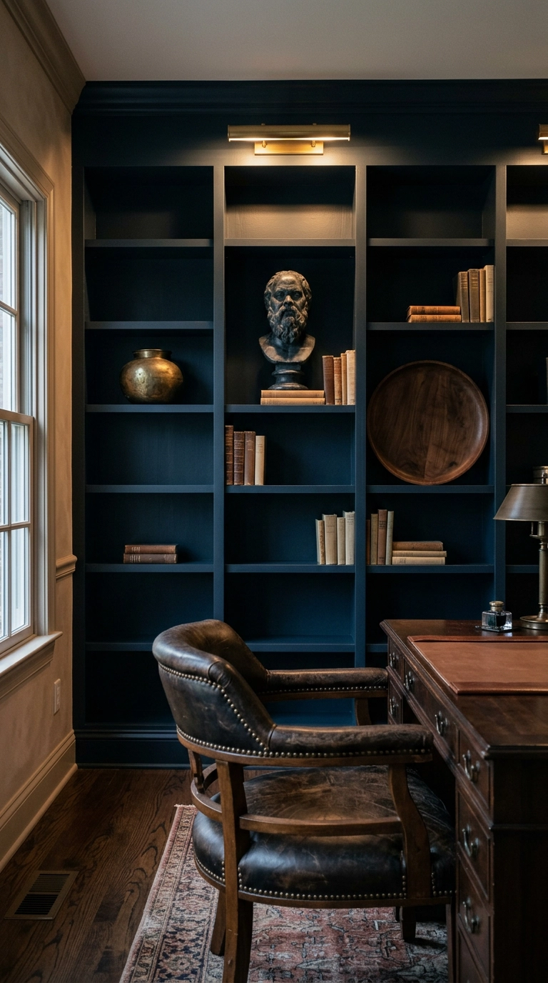 Floor to ceiling inky blue-black office shelving behind a leather desk chair