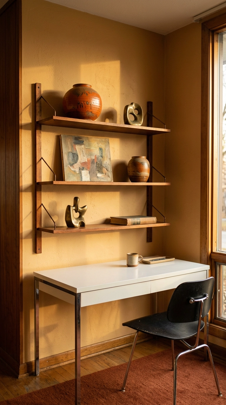 Vintage teak wall shelf above a modern white lacquer desk in an ochre office