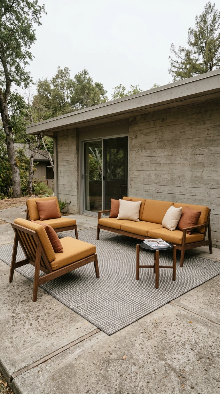 Ochre outdoor sofa and two chairs grouped on a large charcoal and ivory flatweave rug on a concrete patio