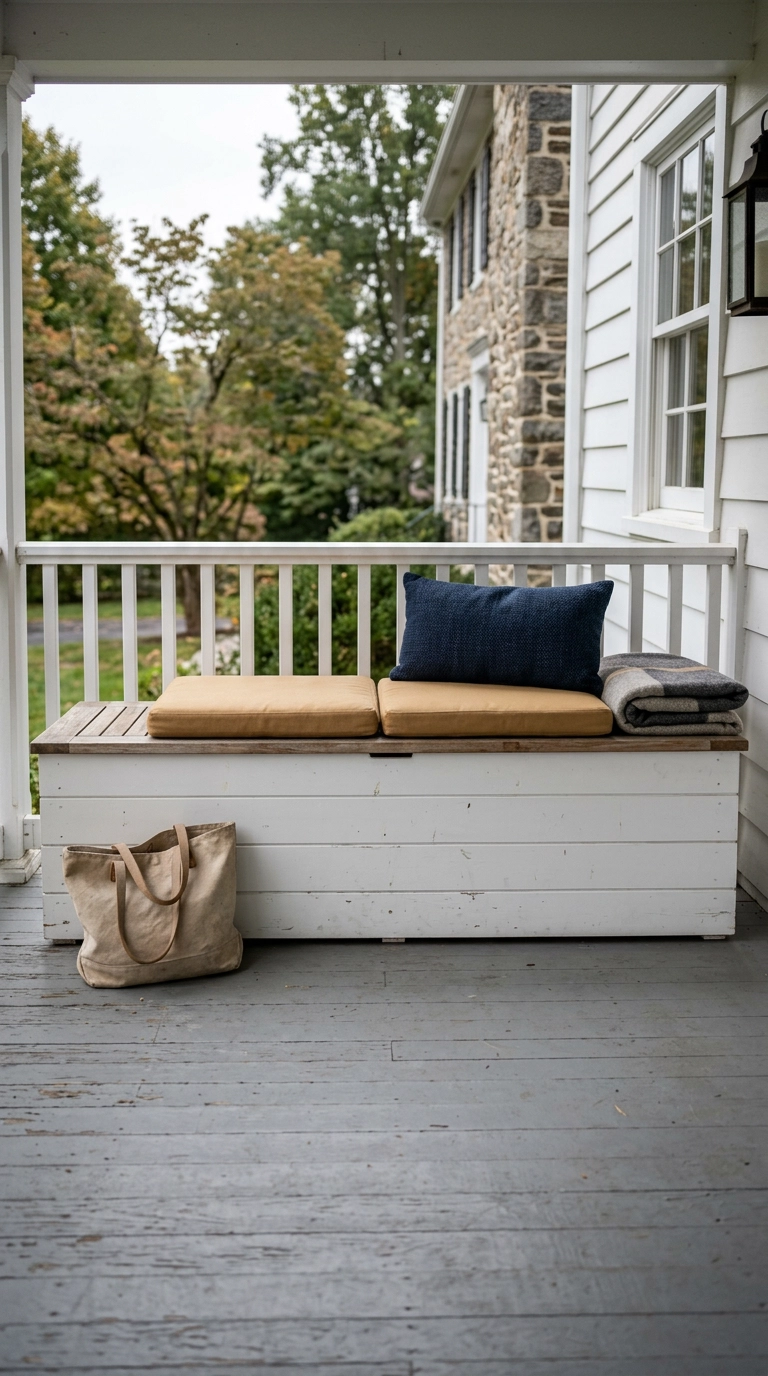 White shiplap storage bench with a teak lid and buff cushions on a covered back porch on an overcast day