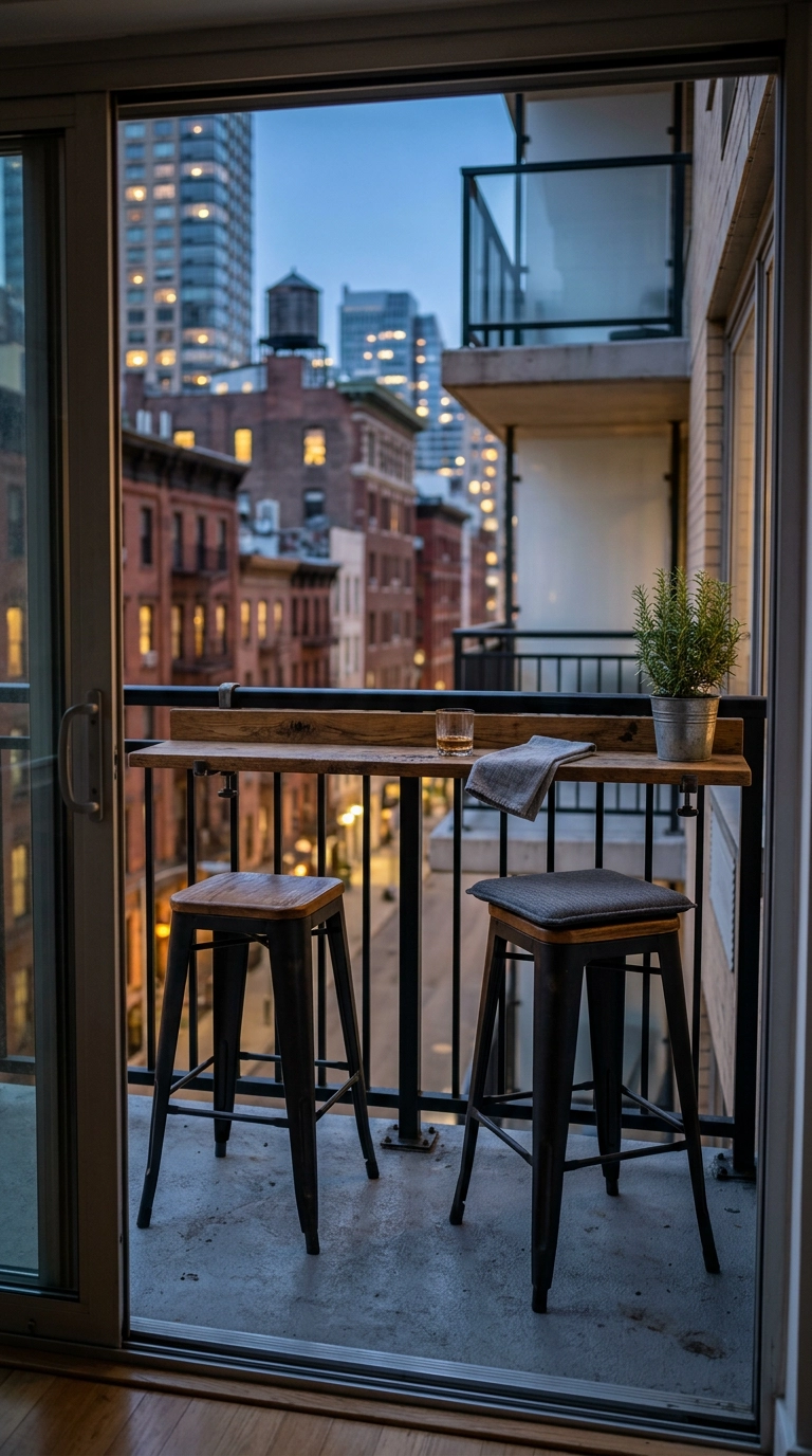 Reclaimed wood bar ledge clamped to a balcony railing with two black metal stools at dusk