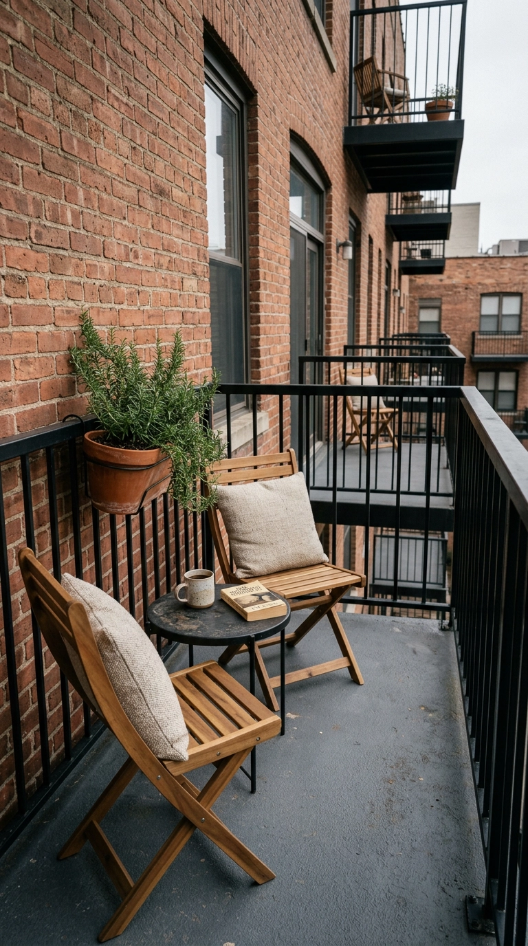 Two acacia folding bistro chairs angled toward each other on a narrow city balcony on an overcast morning