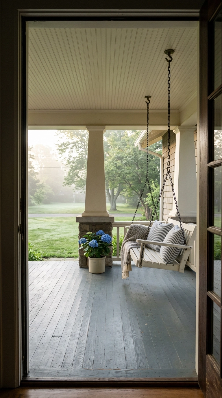 White wooden porch swing hung on black chain on a craftsman covered porch in soft early morning light