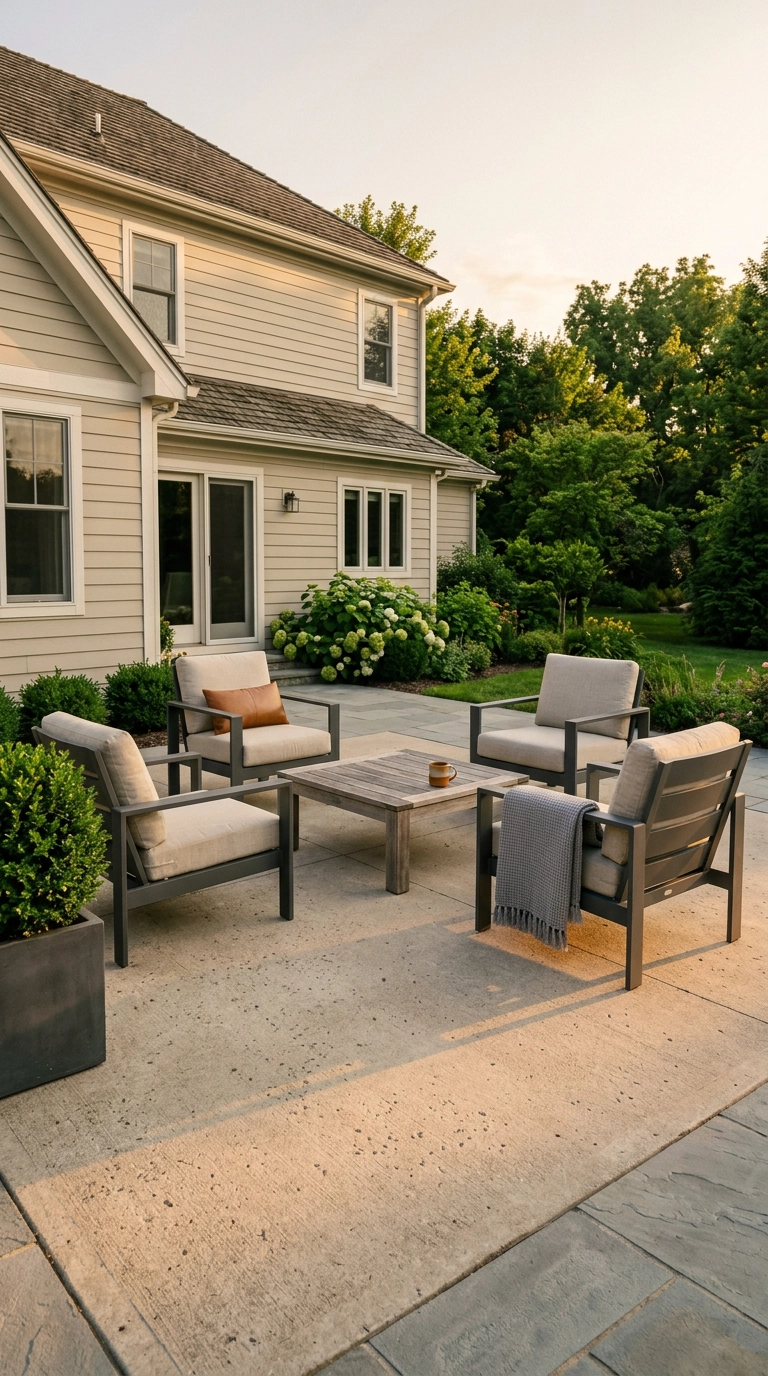 Four charcoal lounge chairs arranged in a conversation circle around a teak table on a suburban patio at golden hour