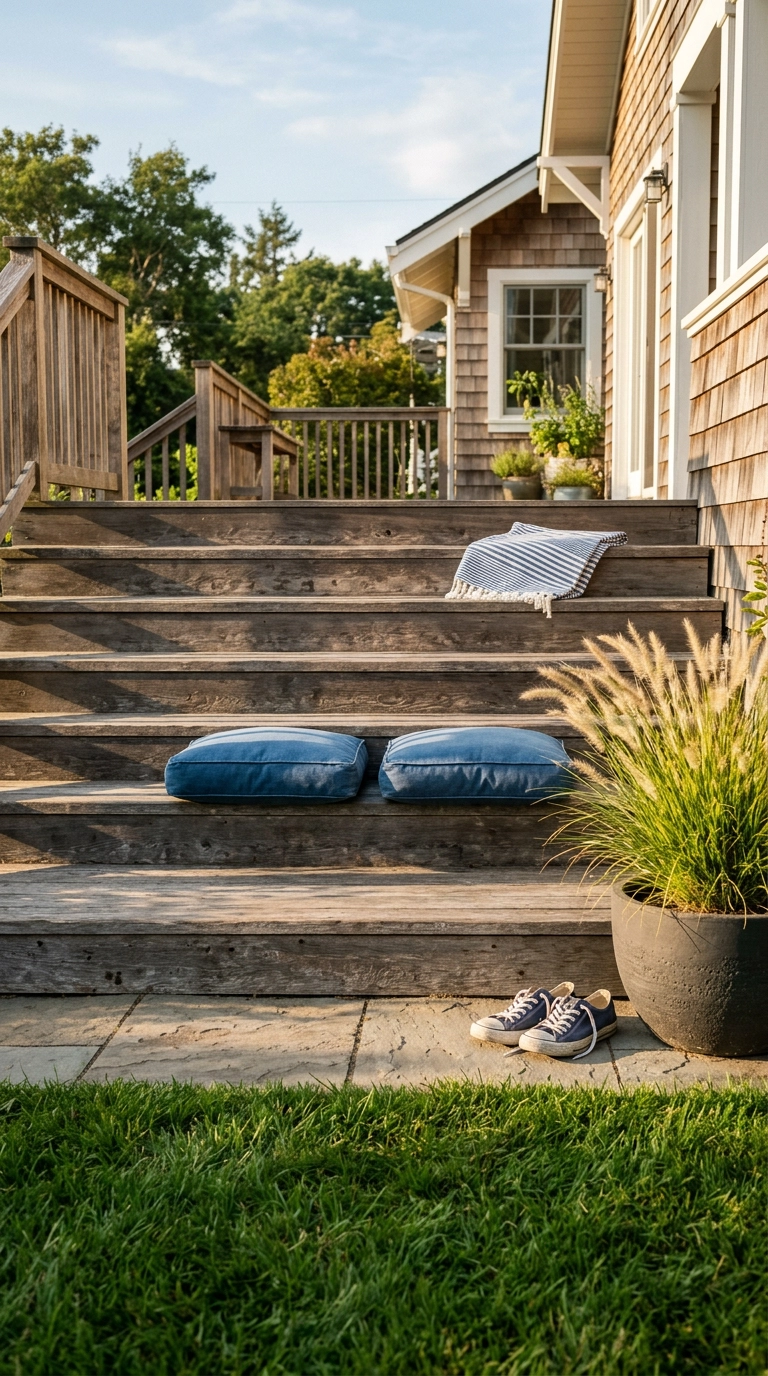 Wide cedar deck steps used as casual seating with two indigo floor cushions in late afternoon light
