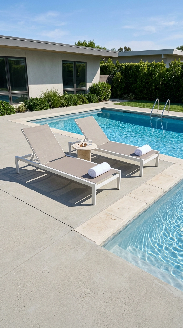 Two white chaise lounges angled toward each other on a limestone pool deck in bright late-morning sun