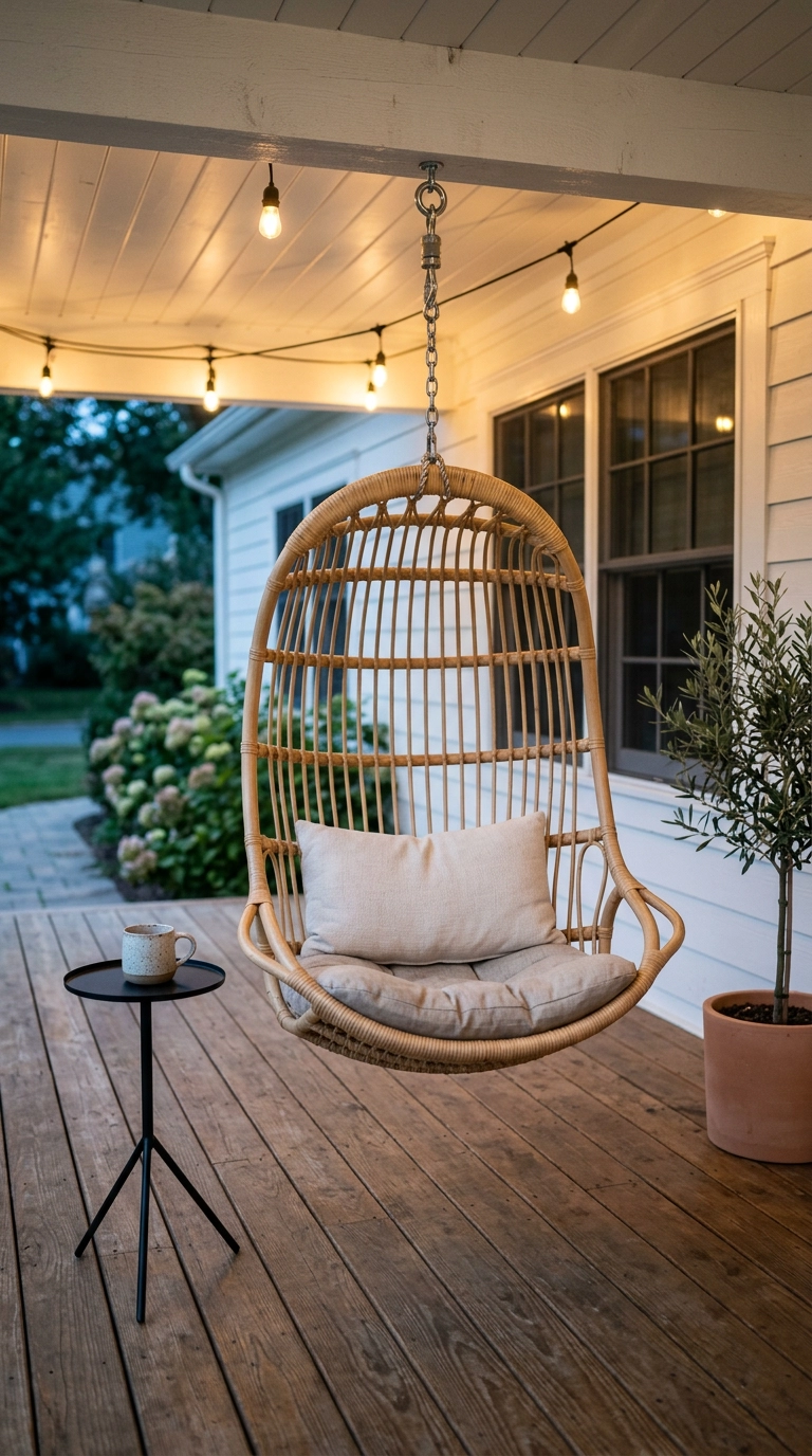 Rattan hanging egg chair suspended from a porch ceiling joist with warm bulb light at dusk