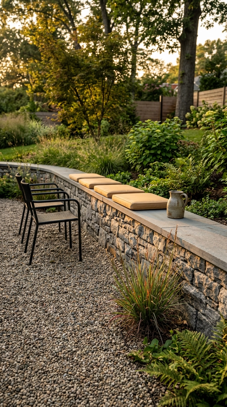 Fieldstone retaining wall with a bluestone cap used as bench seating with three buff cushions at golden hour