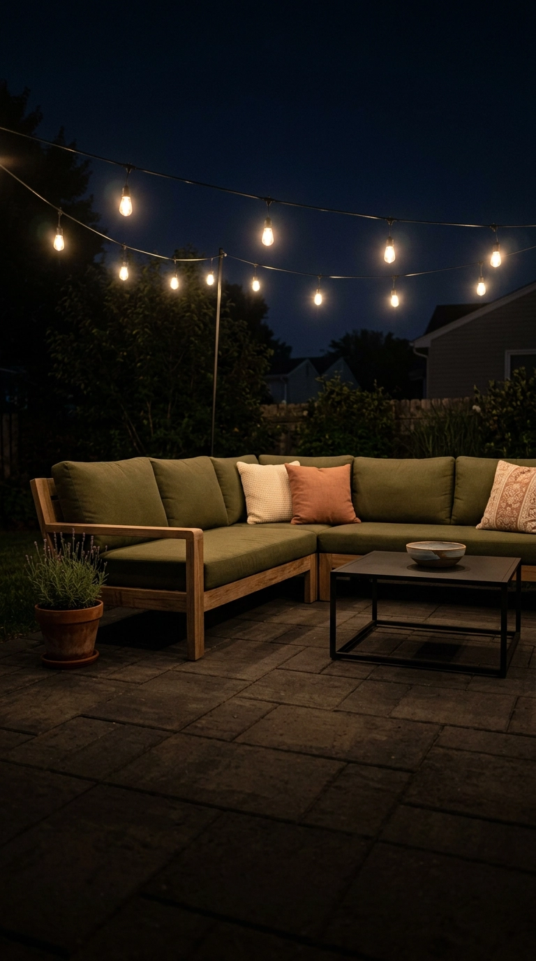 Olive L-shaped sectional lit by low-hung warm filament string lights on a paver patio at night