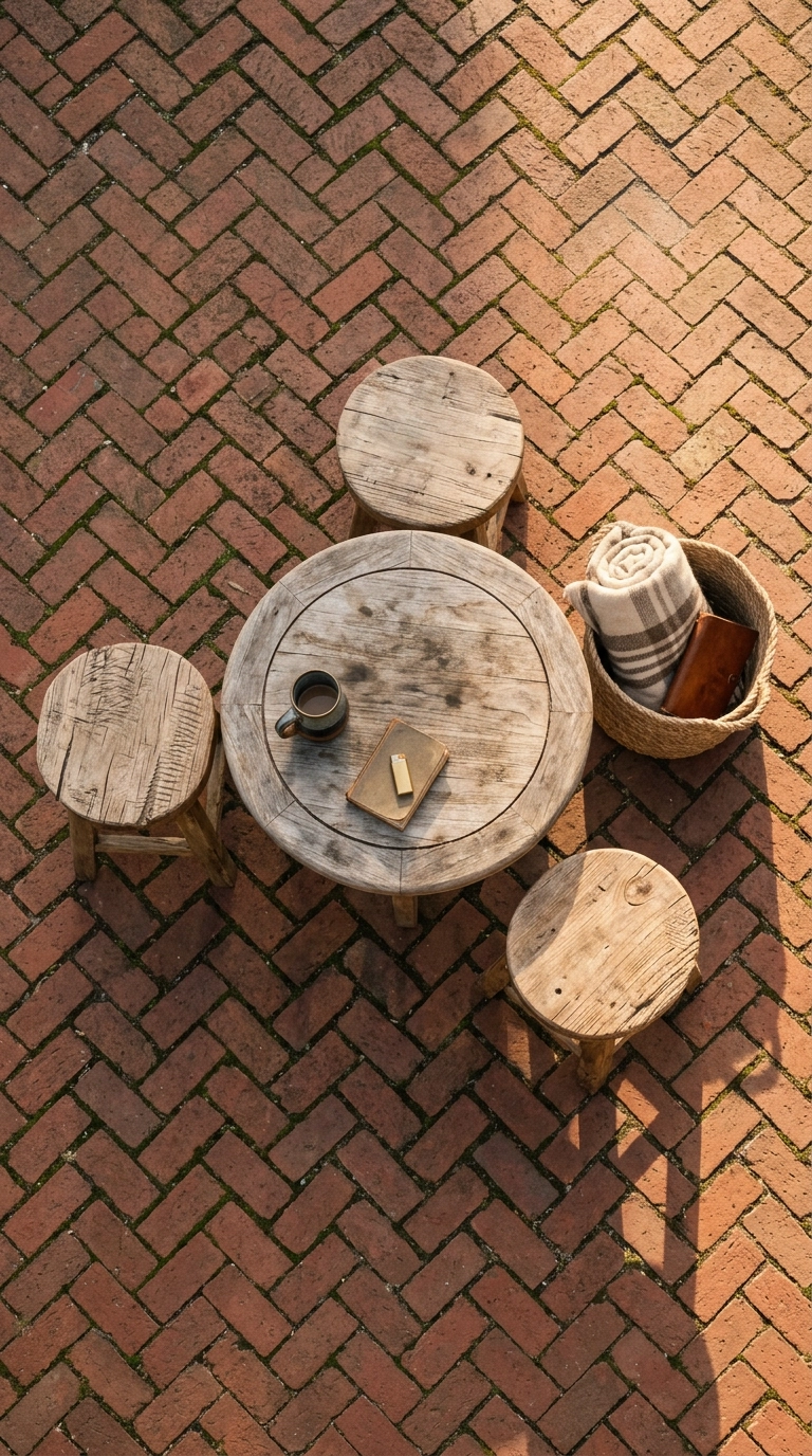Three carved acacia stools tucked under a weathered teak coffee table on a herringbone brick patio