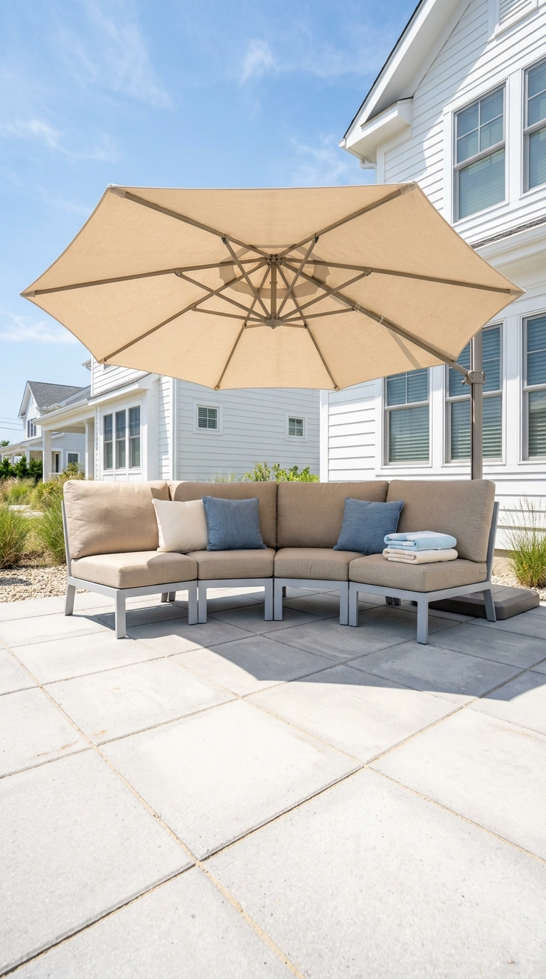 Sand-colored curved sectional shaded by an offset cantilever umbrella on a bright midday patio