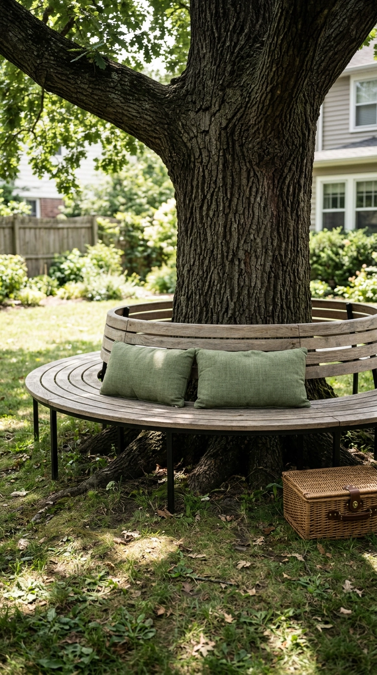 Curved white oak bench encircling a mature backyard oak trunk under dappled afternoon light