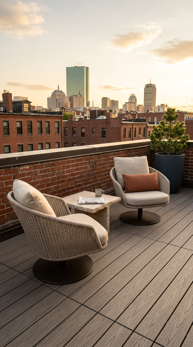 Two oatmeal swivel lounge chairs on a rooftop terrace turned in different directions at golden hour