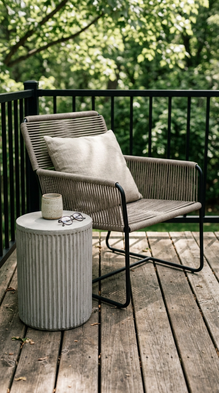 Woven cord lounge chair beside a fluted concrete side table at arm height under dappled morning light