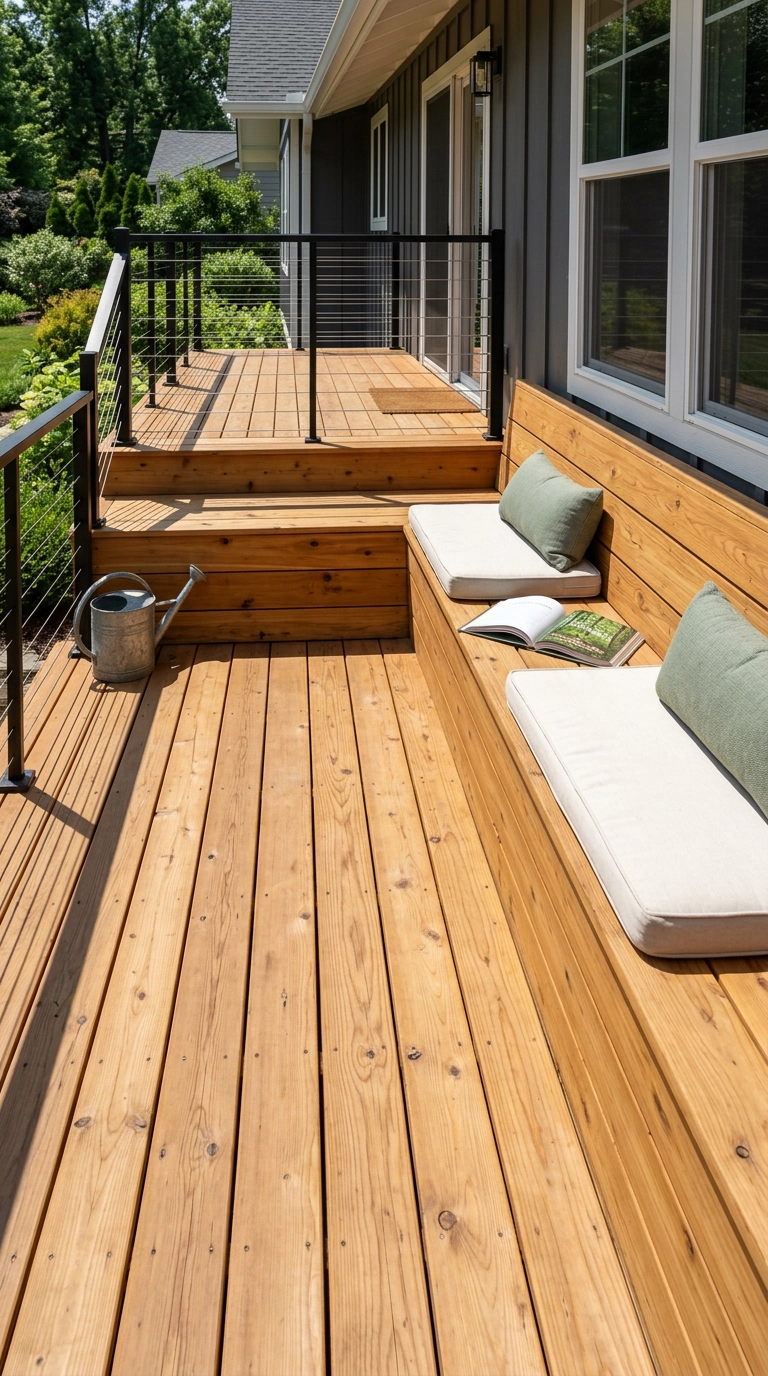 Cedar built-in bench wrapping the corner of a suburban deck with white cushions in bright midday light