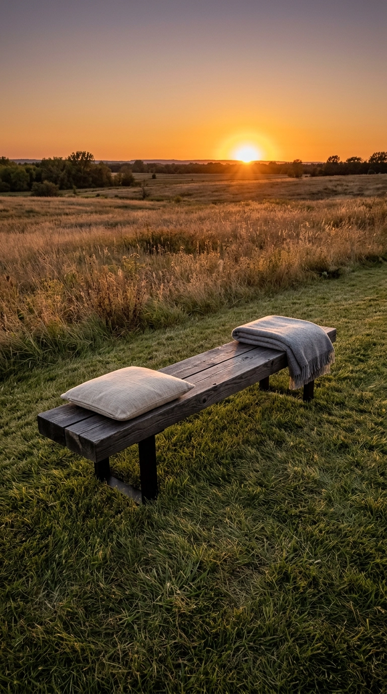 A single charcoal cedar bench at the edge of a backyard facing a low golden sunset over dry grasses