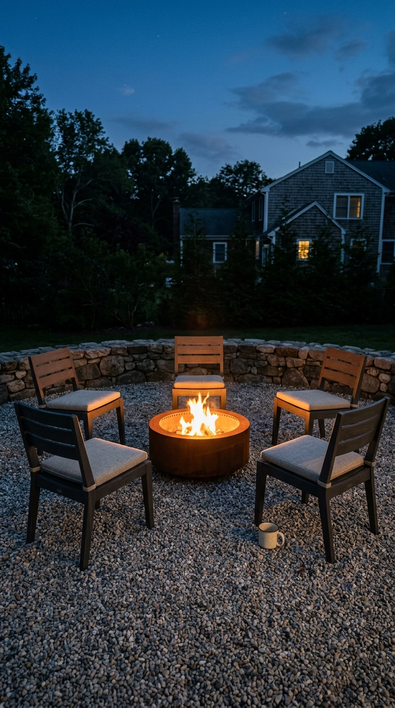 Five charcoal slat-back chairs ringed around a corten steel fire pit on gravel at blue hour