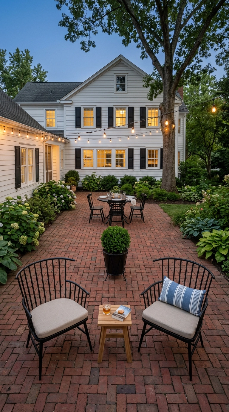 Brick patio split into a dining group and a lounge group under warm string lights at evening