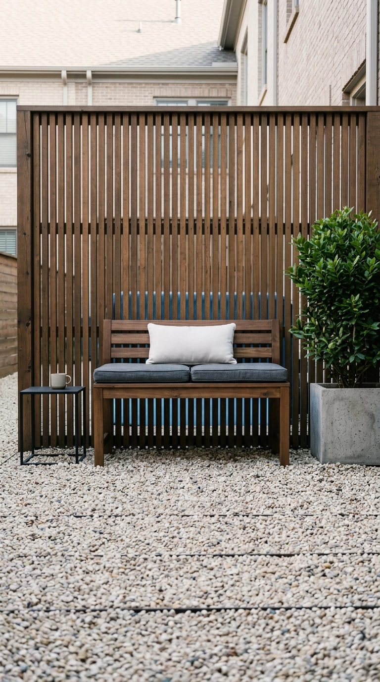 Dark cedar bench set against a vertical slat privacy screen in a small gravel courtyard at morning