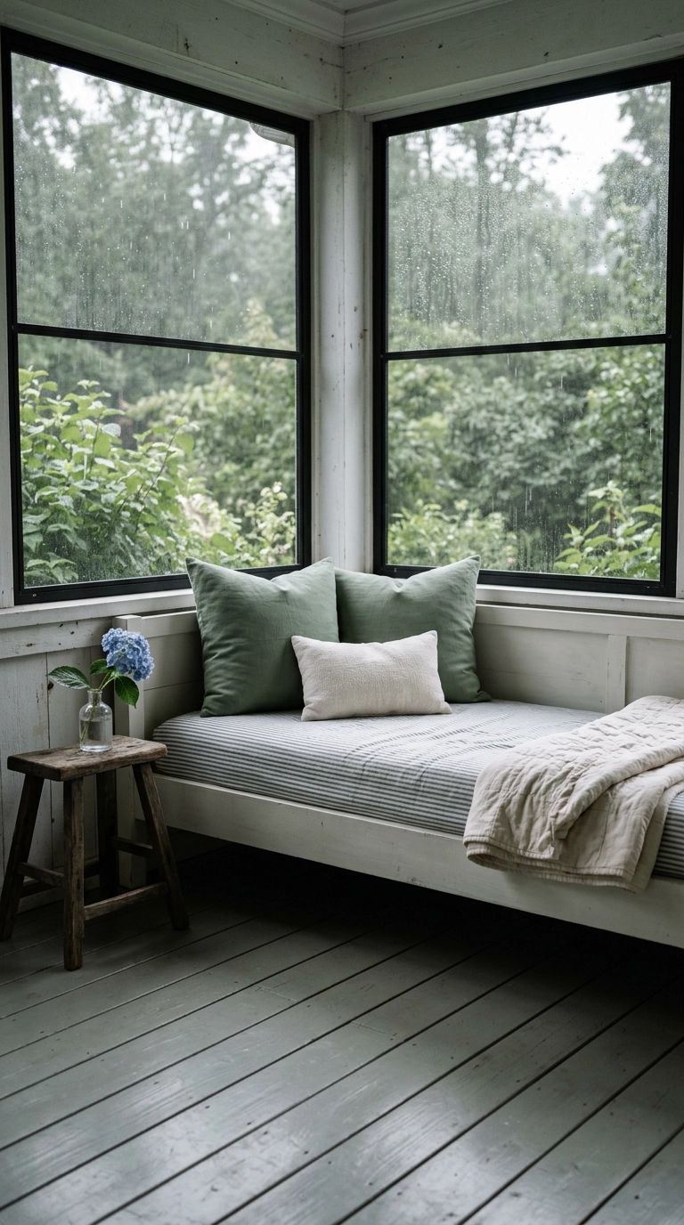 White wooden daybed with striped mattress tucked into a screened porch corner on a rainy afternoon