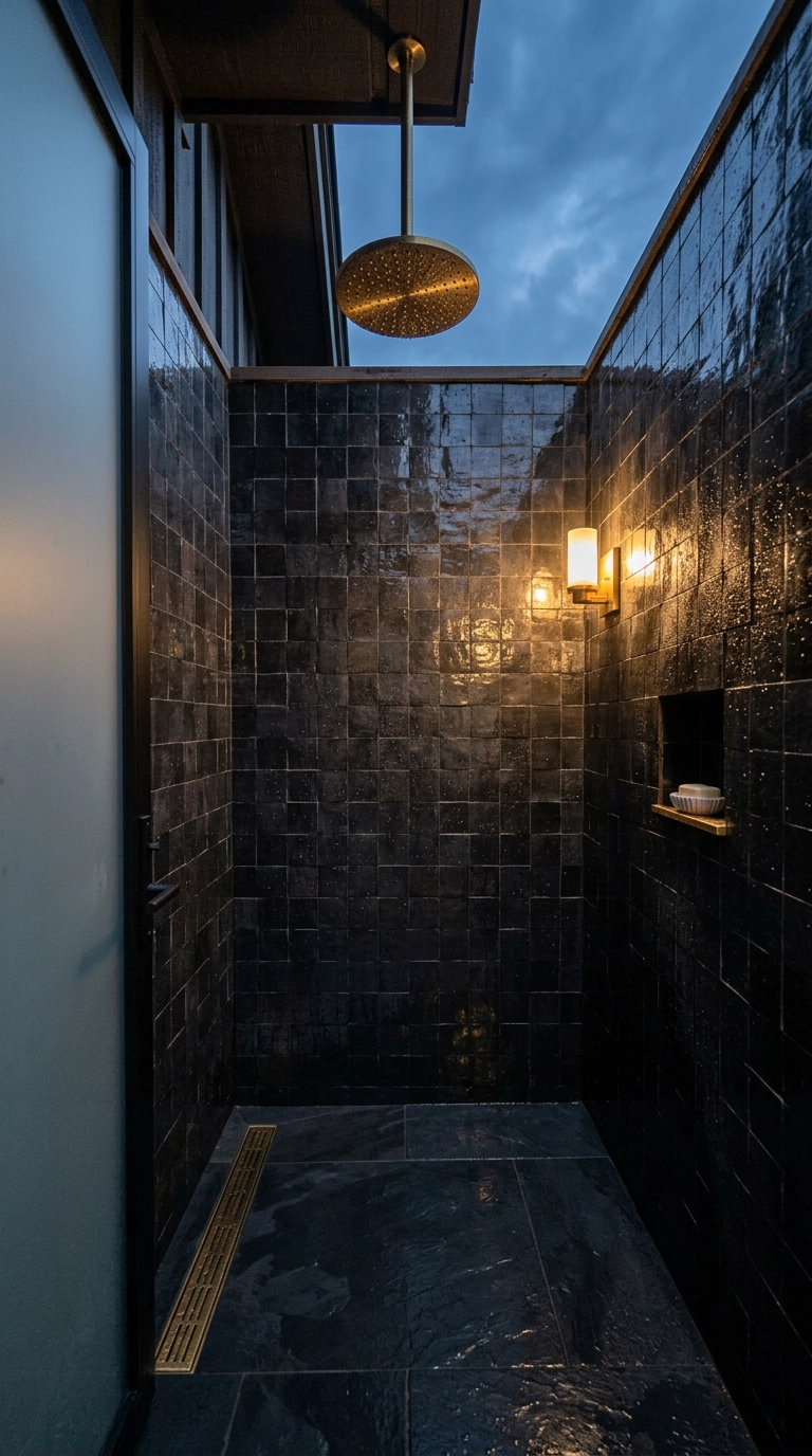 Outdoor shower alcove tiled in glossy black zellige with a brass rain shower head