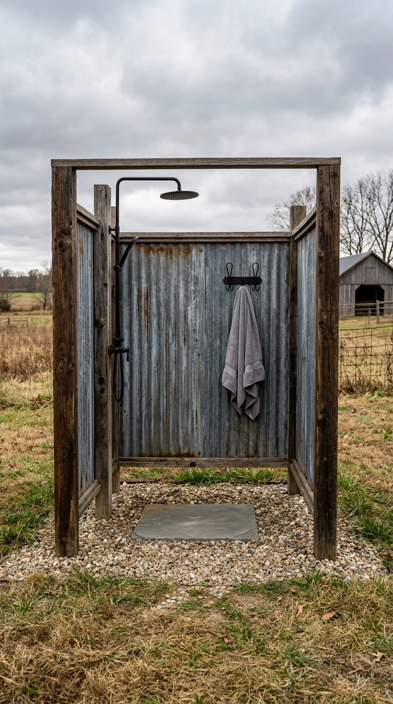 Farmhouse outdoor shower with corrugated galvanized metal privacy panels and weathered wood frame