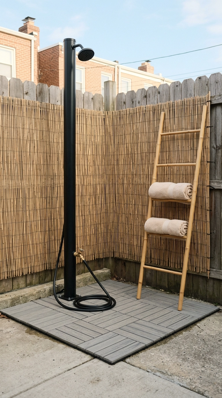 Freestanding portable outdoor shower with garden hose hookup on a small townhouse patio