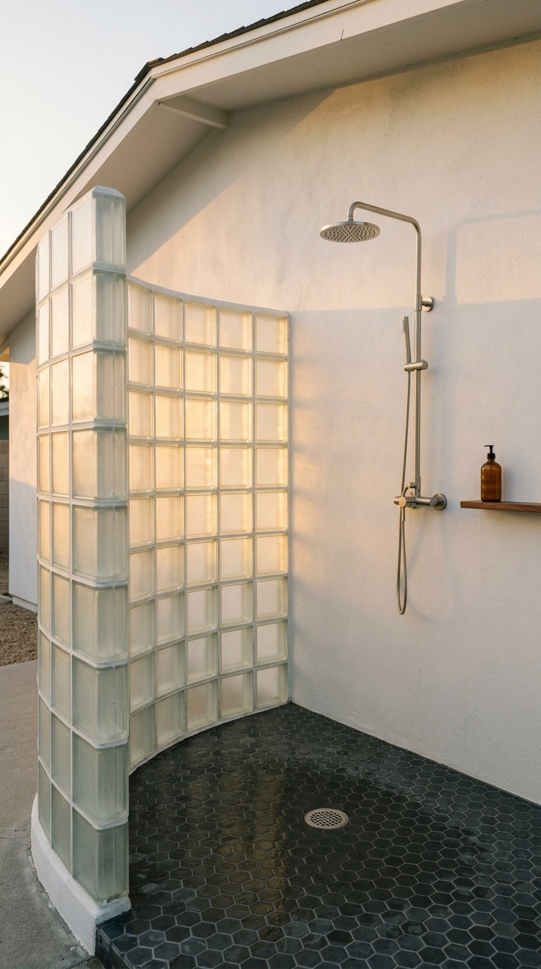 Outdoor shower with a curved frosted glass block privacy wall glowing in evening light