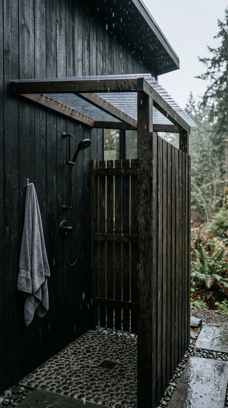 Outdoor shower with a partial clear polycarbonate roof over half the enclosure in the rain
