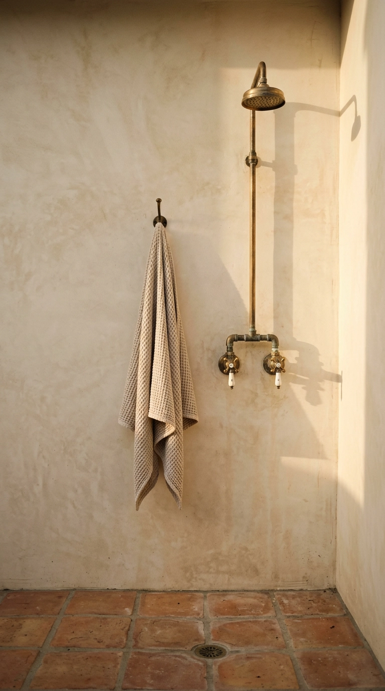 Unlacquered brass outdoor shower fixture mounted on a creamy limewashed stucco wall