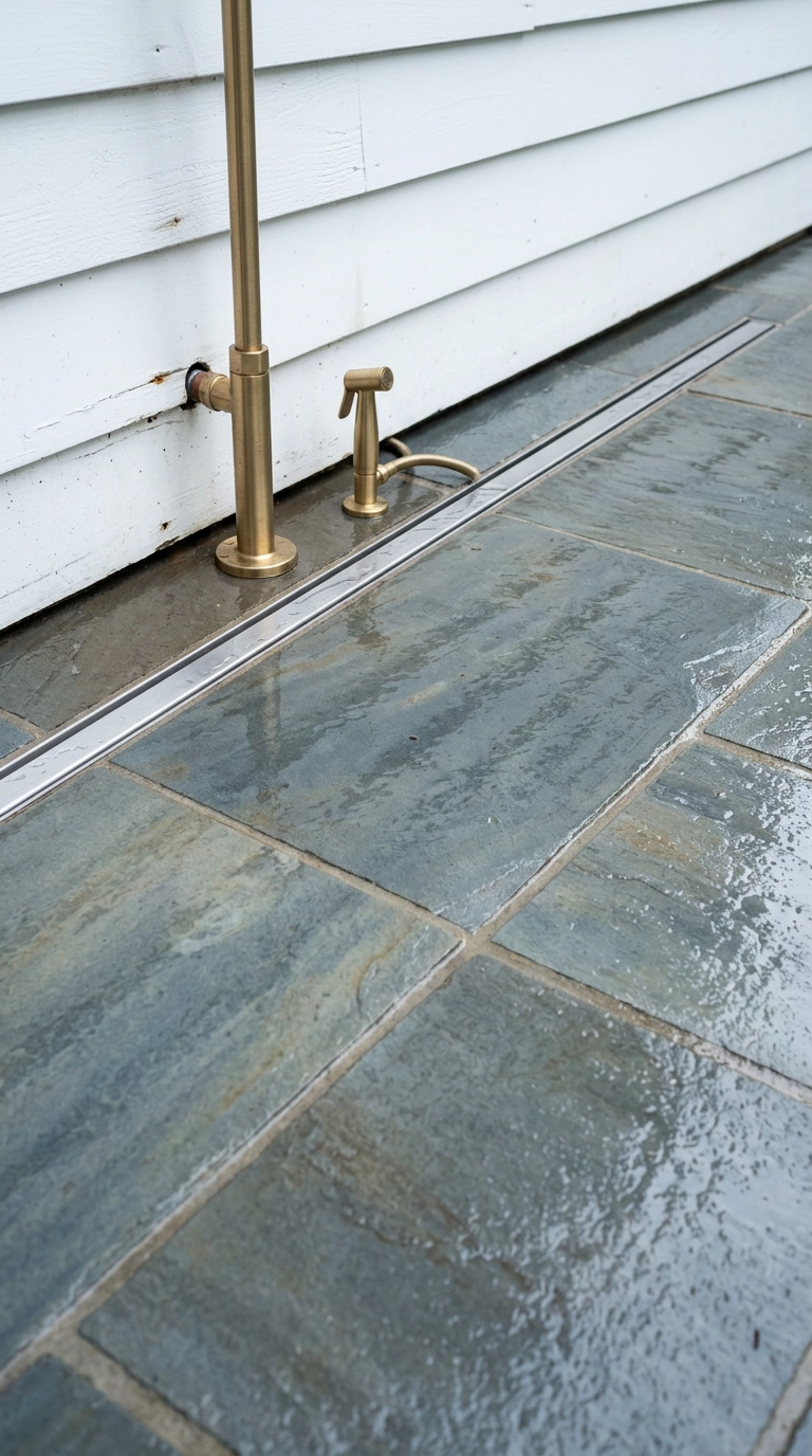 Bluestone outdoor shower floor sloped to a stainless slot drain along a white shiplap wall
