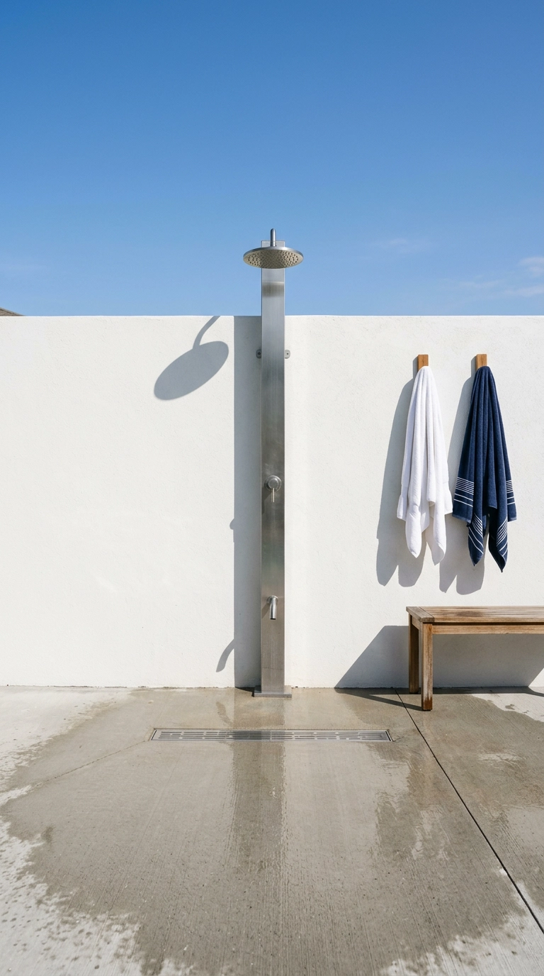 Poolside outdoor rinse shower with stainless riser, foot spray, and teak towel hooks