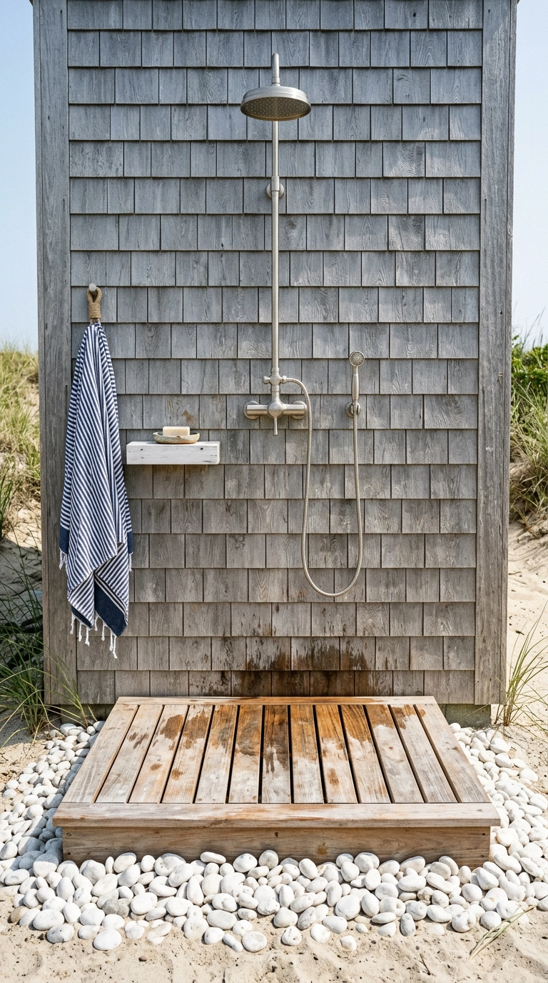 Coastal outdoor shower with teak slat deck over a white pebble drainage bed