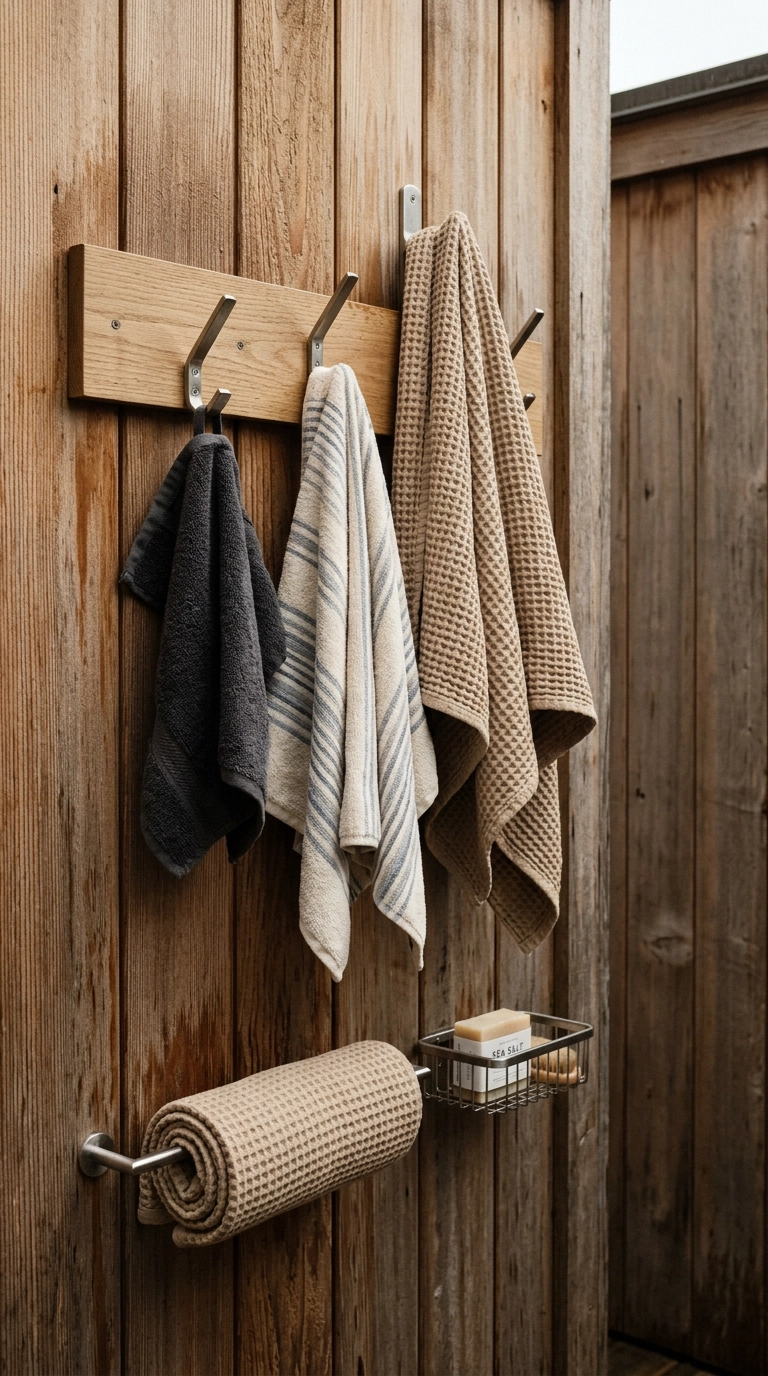 Marine-grade stainless hooks and towel bar on a cedar wall beside an outdoor shower