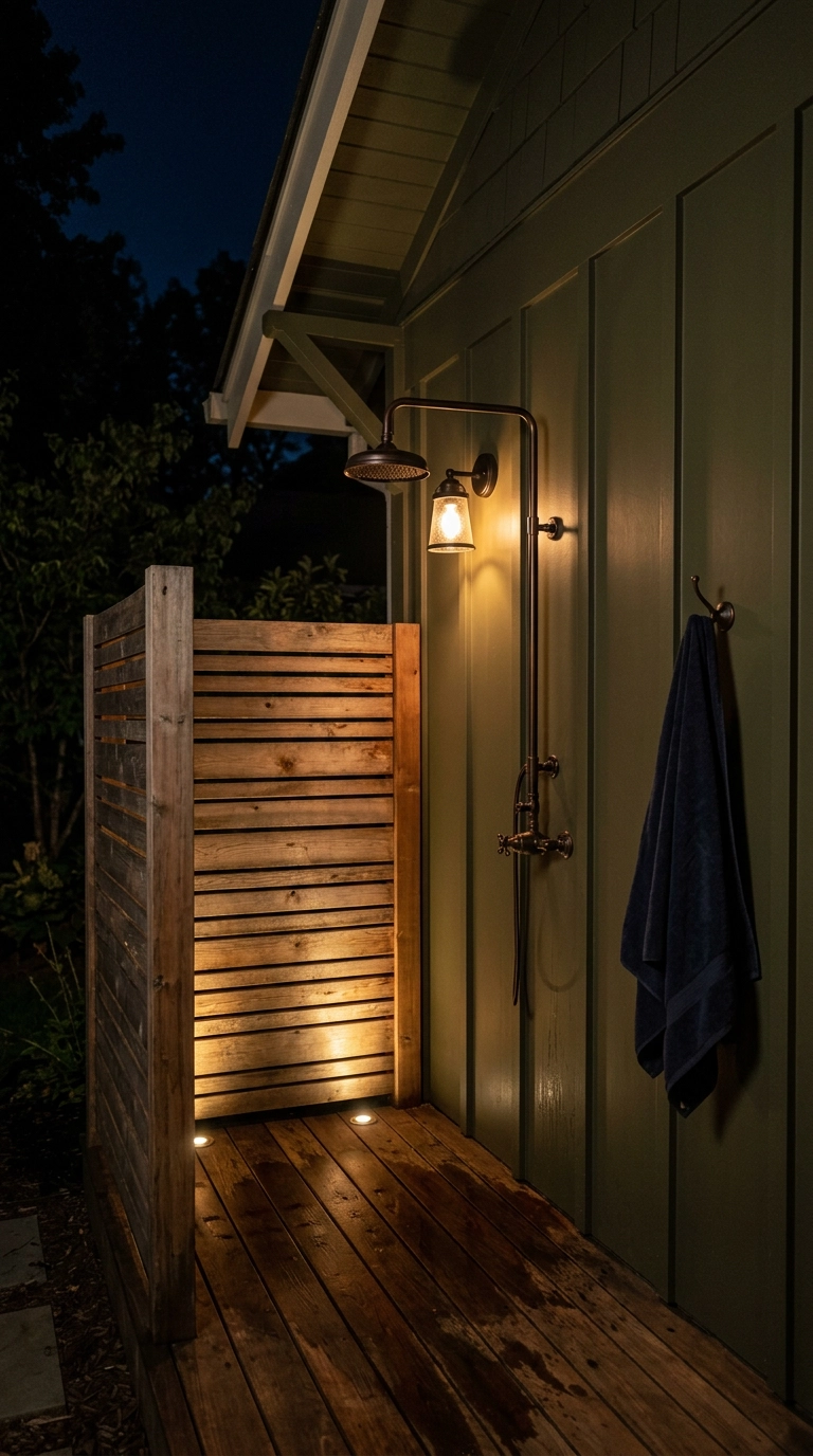Outdoor shower lit at night by a warm wet-rated bronze sconce and low ground uplights
