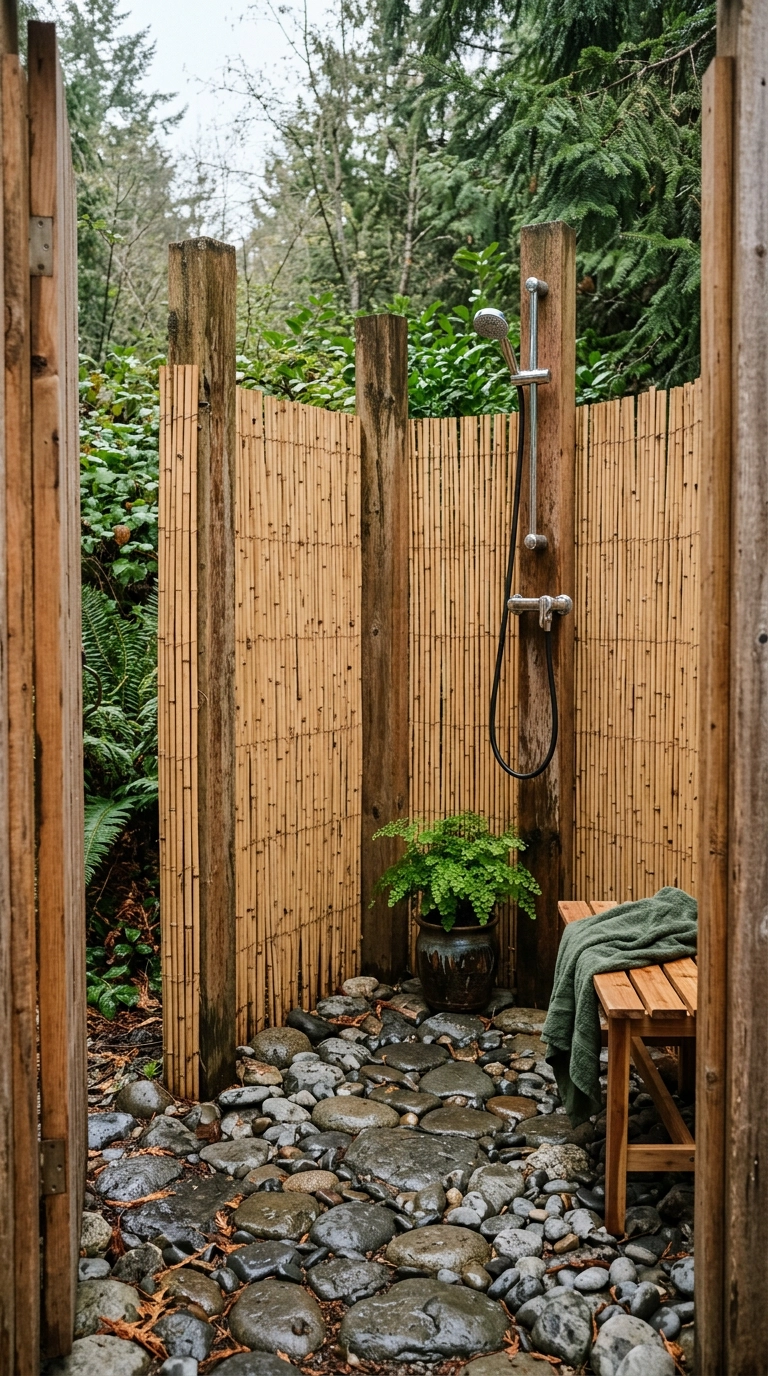 Outdoor shower with natural bamboo reed fencing privacy screen and river rock floor