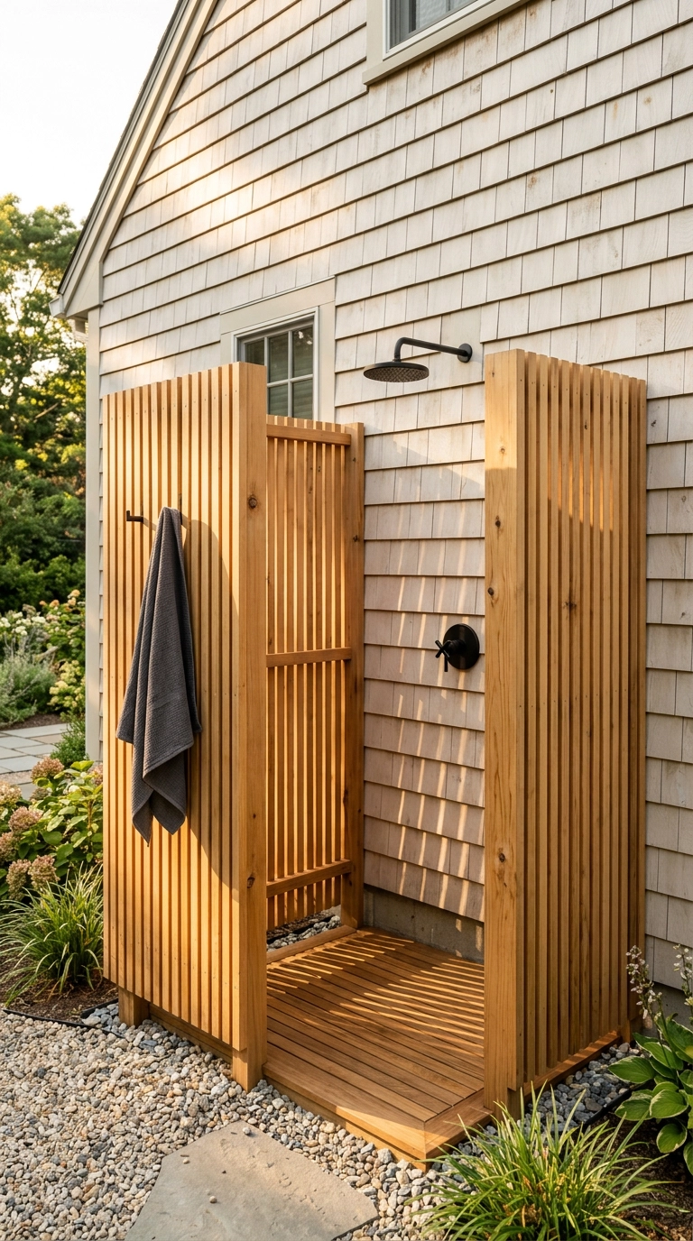 Outdoor shower with vertical cedar slat privacy enclosure and matte black rain shower head