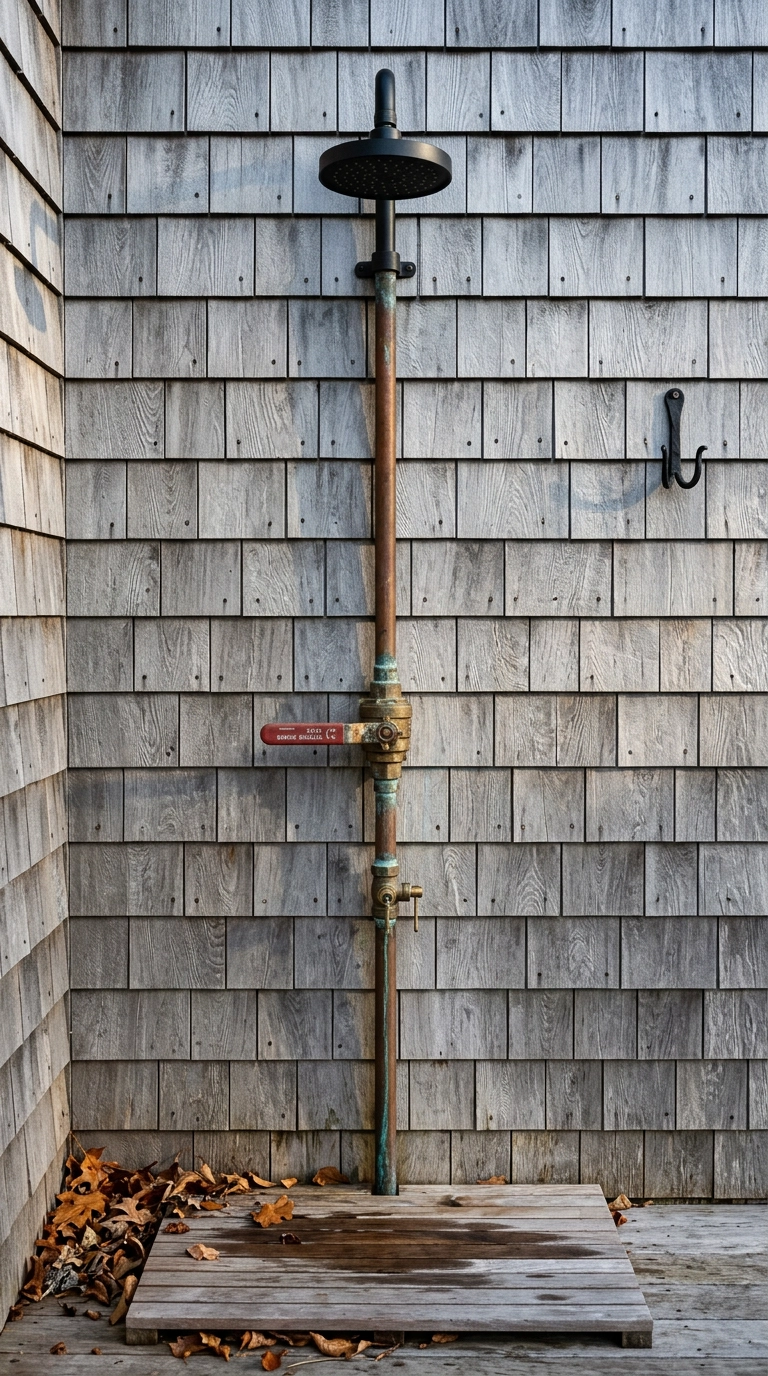 Copper outdoor shower riser with a brass shutoff valve and drain fitting on a shingled wall
