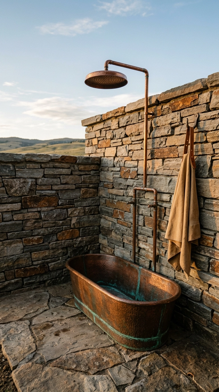 Rustic outdoor shower with a hammered copper trough basin and dry-laid fieldstone wall