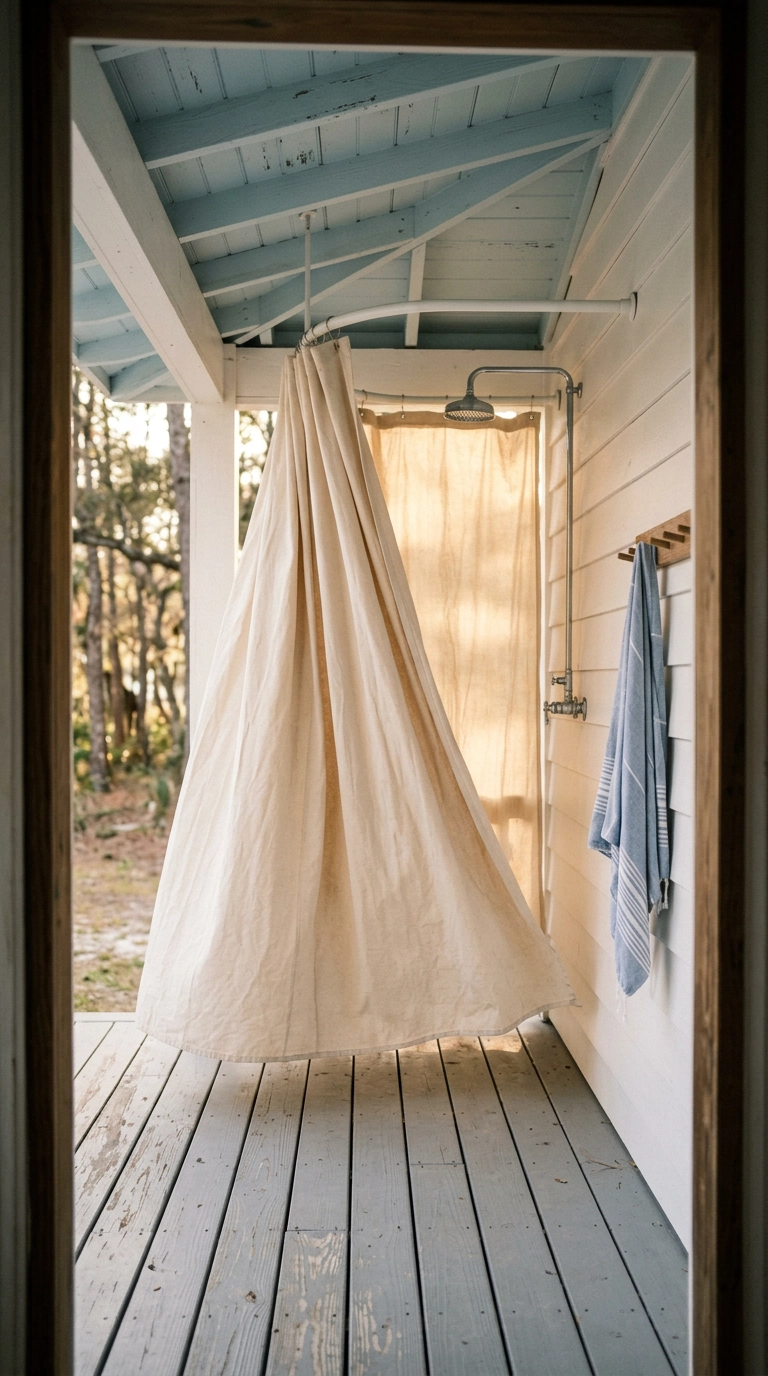 Outdoor porch shower enclosed by an ecru canvas curtain on a curved white rod