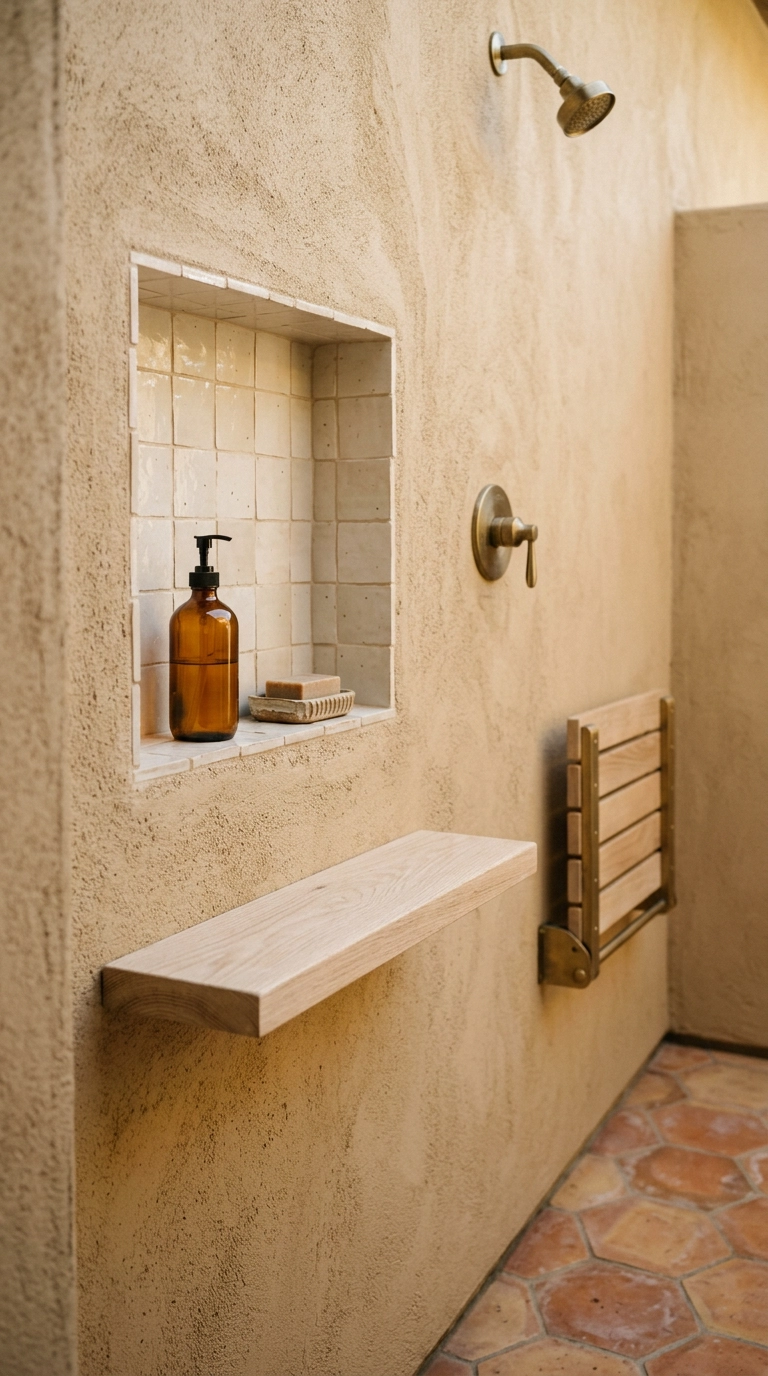 Outdoor shower with a tiled niche, white oak ledge, and fold-down bench seat