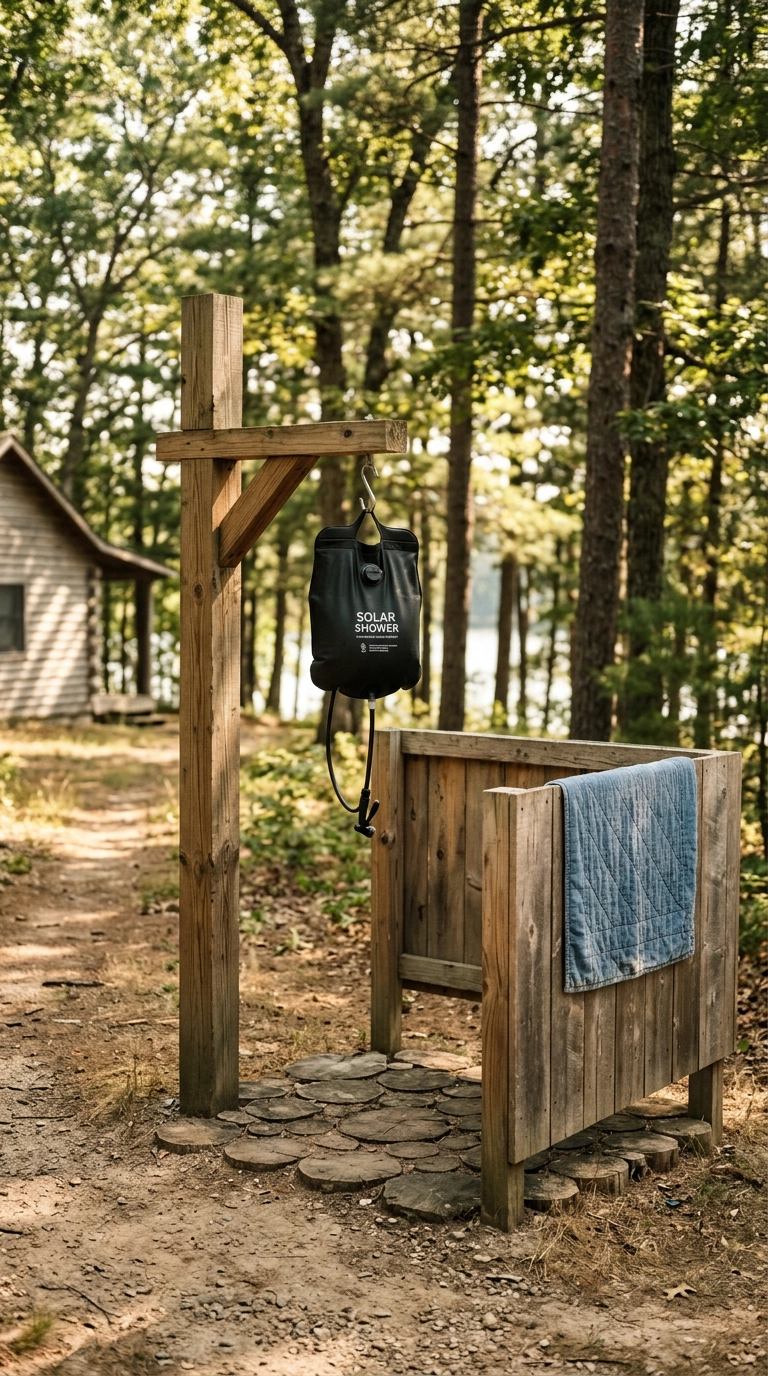 Off-grid outdoor shower with a black solar shower bag hanging from a timber post arm