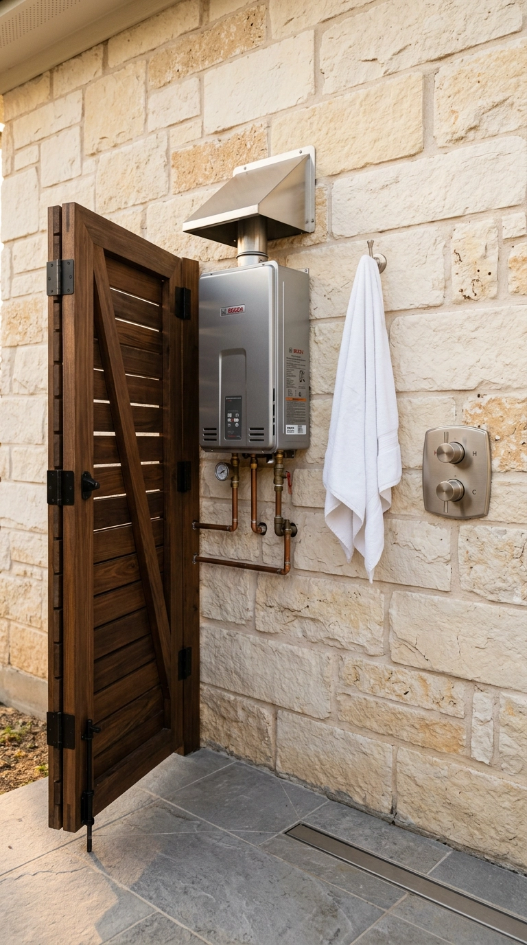 Tankless propane water heater beside an outdoor shower valve behind a slatted wood screen