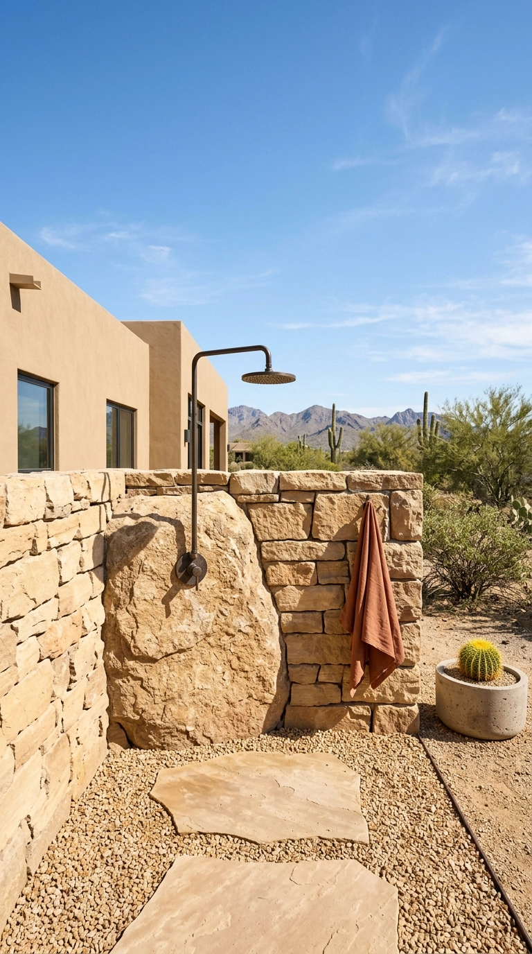 Desert outdoor shower with a stacked sandstone boulder privacy wall and bronze shower head