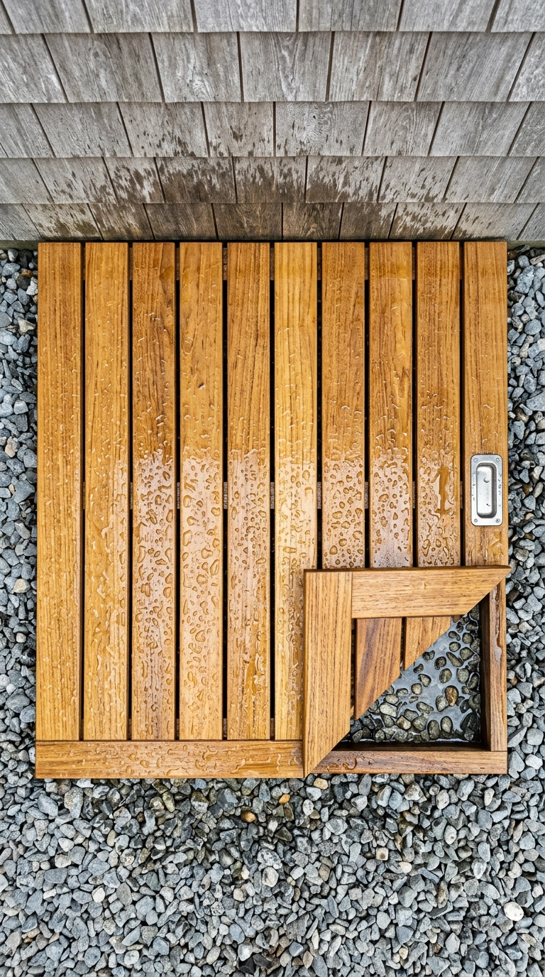 Removable teak duckboard outdoor shower floor lifted to show the gravel drainage bed beneath