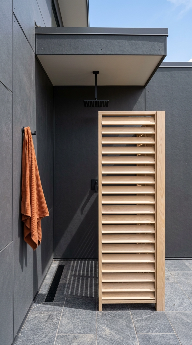 Modern outdoor shower with adjustable white oak louvered privacy panels and black fixtures
