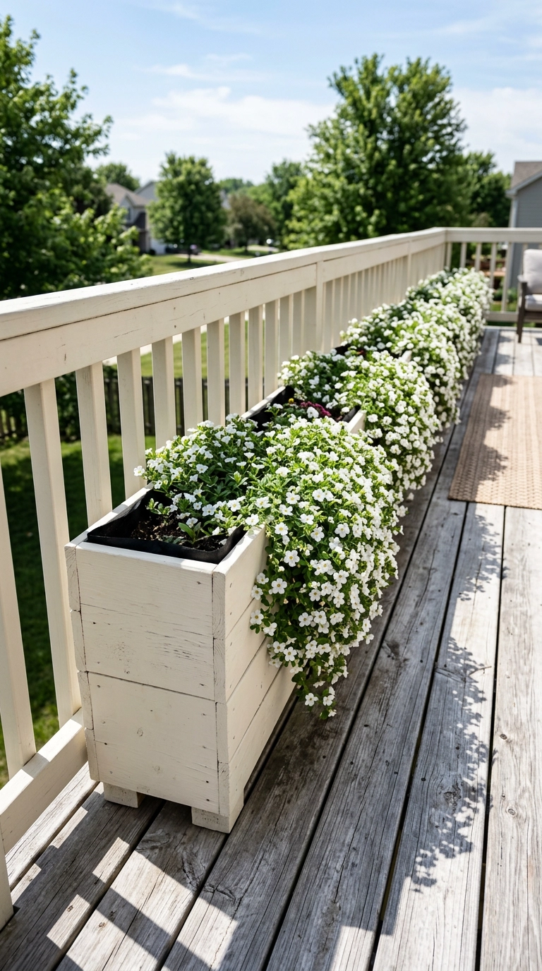 Creamy off-white pallet trough planter along a deck rail with trailing white bacopa spilling over