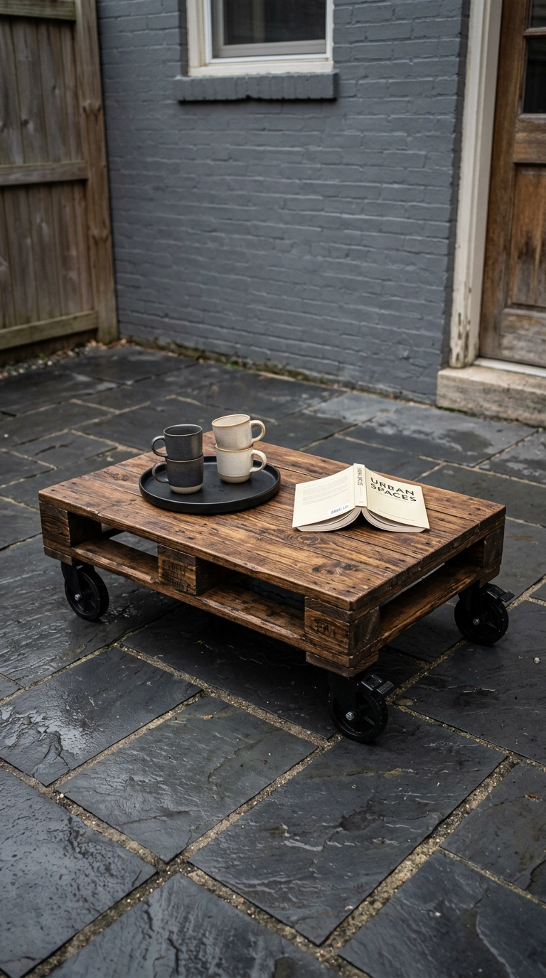 Espresso-stained pallet coffee table on black casters with a tray, two mugs and an open paperback